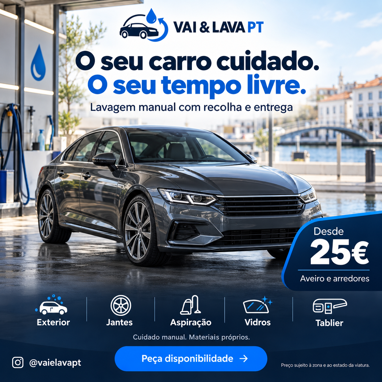 Arte ilustrativa da campanha Vai e Lava PT: lavagem manual com recolha e entrega desde 25 euros
